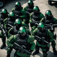 Special forces squad wearing black and green armor from top down view