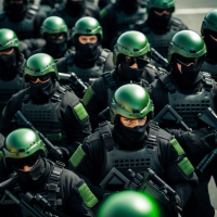 Special forces squad wearing black armor with green accents, from birds-eye view