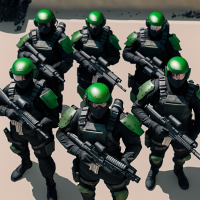 Special forces squad wearing black armor with green accents, from a far away top-down birds-eye view