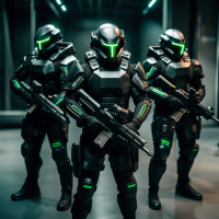 Sci-fi special forces squad wearing black armor with a few green accents, aerial shot