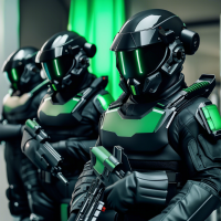 Sci-fi special forces squad wearing black armor with a few green accents, looking at the squad from an aerial shot
