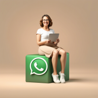 3d woman 40 years old sit on WhatsApp logo