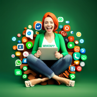 3d woman happy cute 40 years old sit on WhatsApp logo behind explosion of social media logos