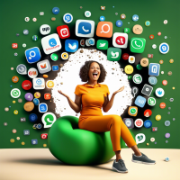 3d woman happy cute 40 years old sit on WhatsApp logo behind explosion of social media logos