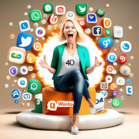 3d woman happy cute blonde white 40 years old sit on WhatsApp logo behind explosion of social media logos